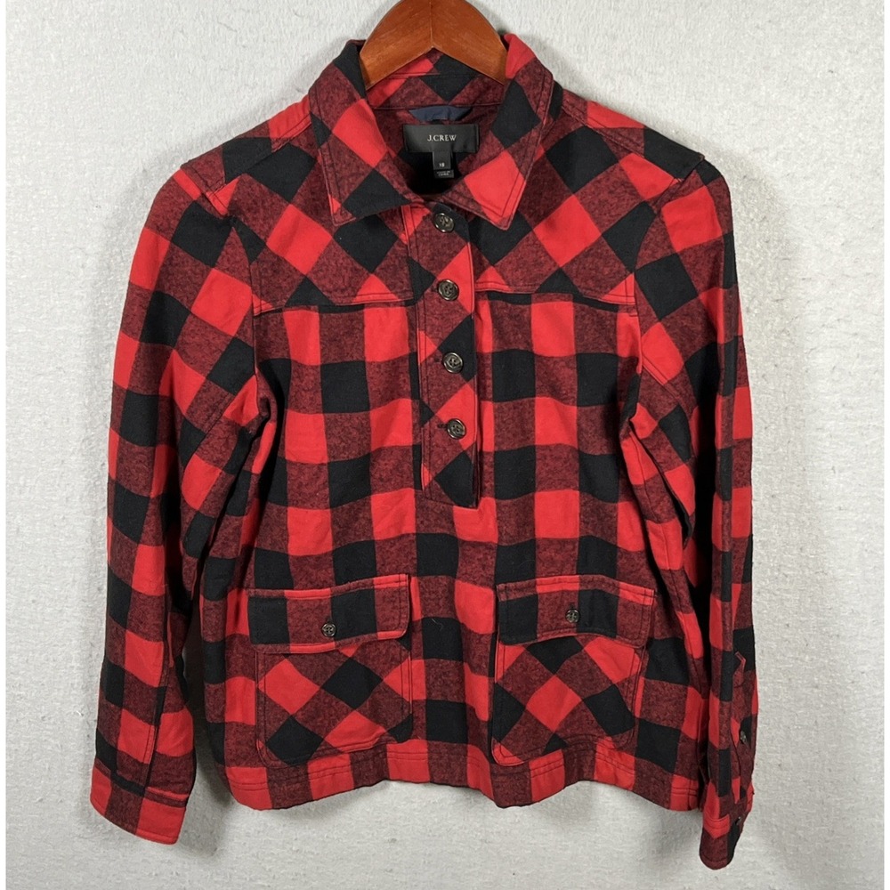 J. Crew Red Black Buffalo Check Plaid Womens Wool Pullover Shirt Jacket Size XS